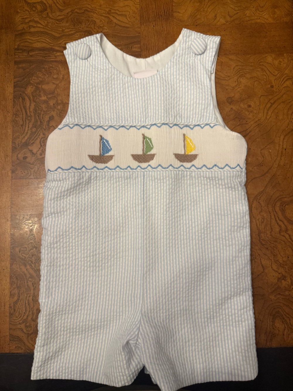 Light Blue Seersucker Sailboat Baby Bibbed Romper - Unbranded